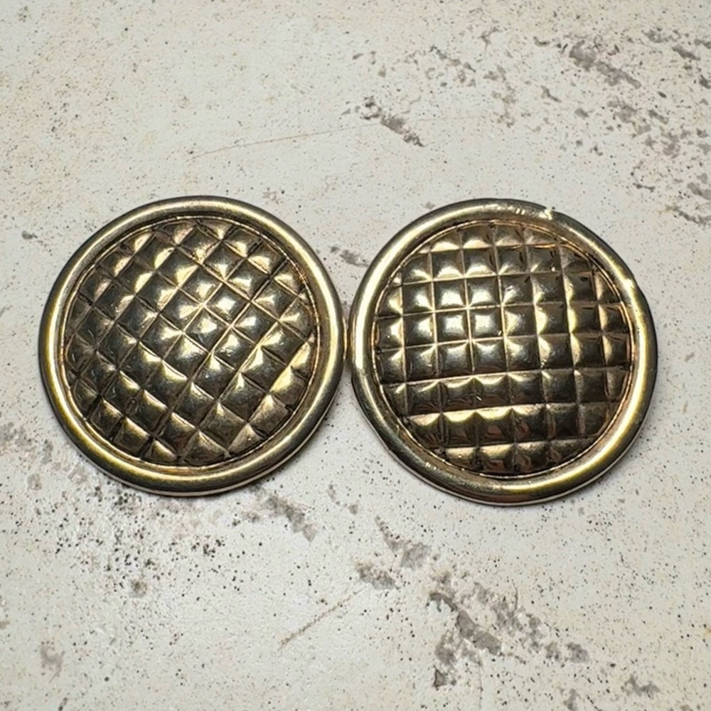 1980s Anne Chez Quilted Gold-Tone Clip On Earrings